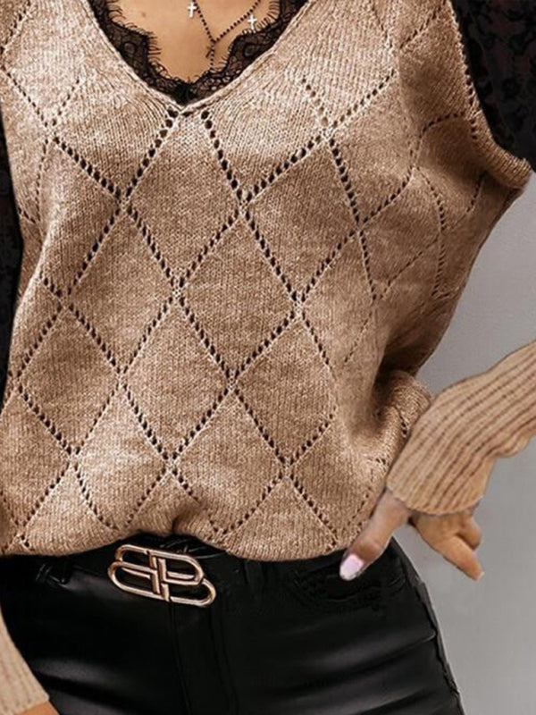 Knitted Lace Bottom Top Sexy V Neck Fashion Versatile Rhombus Sweater Women