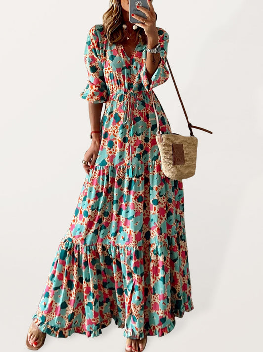 Elegant V-neck five-quarter-sleeved multicolored floral pleats stitching large swing dress