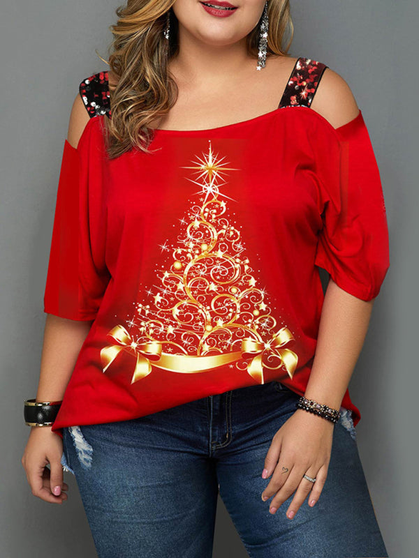 Christmas tree print off-shoulder loose short-sleeved plus size T-shirt top