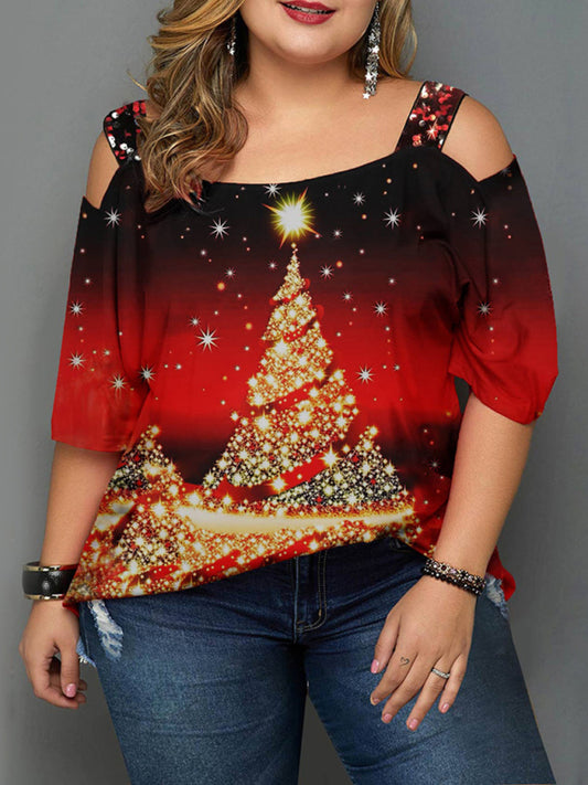 Christmas tree print off-shoulder loose short-sleeved plus size T-shirt top