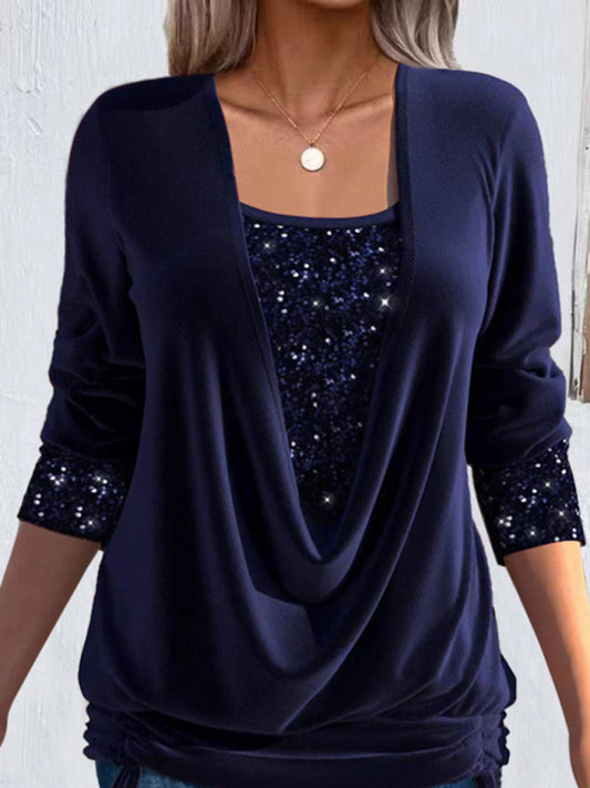 Long-sleeved women's large drop collar loose shirred fake two-piece top